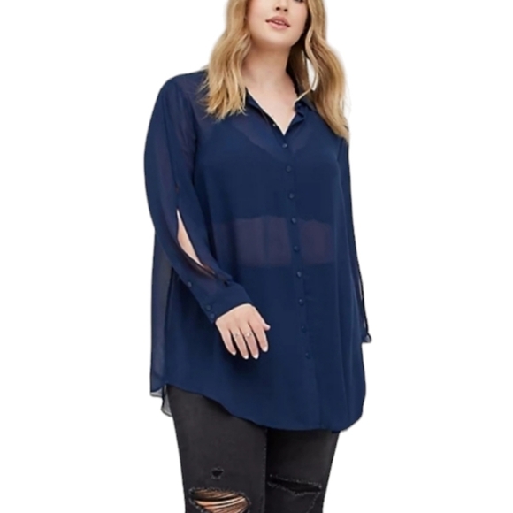 Torrid Navy Cold Shoulder Chiffon Tunic Top Plus Size 1 - Picture 2 of 11
